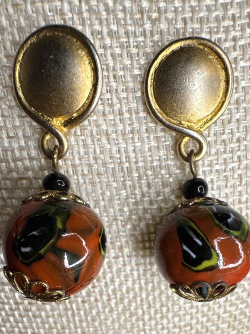 Vintage Murano Glass Dangle Earrings Orange Black Swirl Venetian Bead Gold Tone